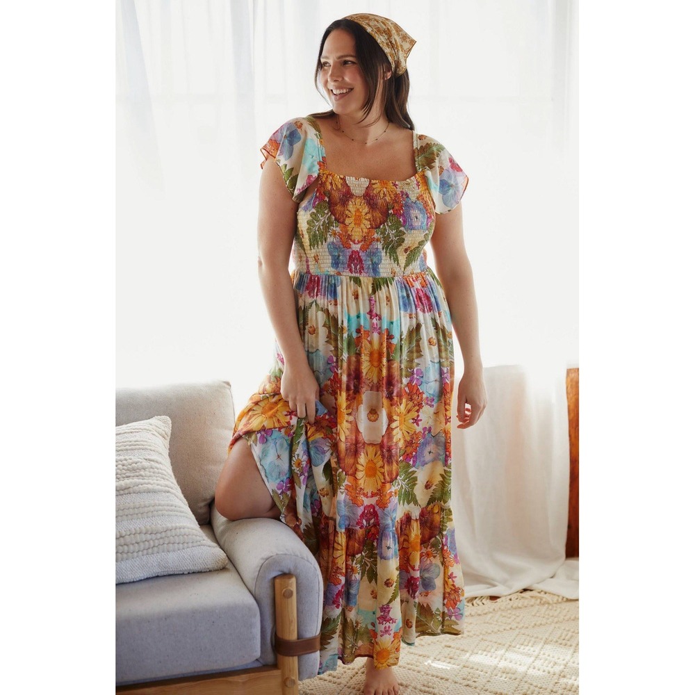 Anthropologie 2X Moxy Collective Floral Maxi Dress Plus tiered romantic smocked